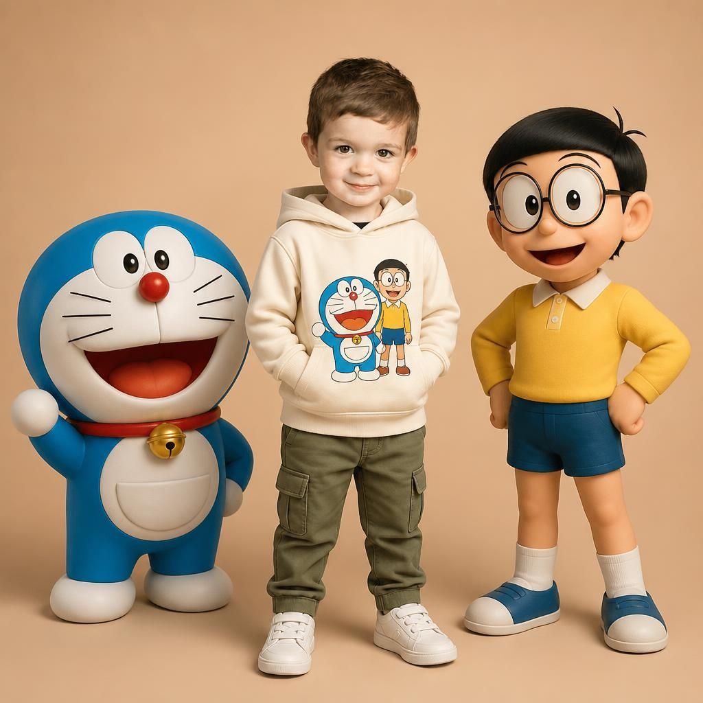 Portrait of Doraemon, Nobita, and the child.